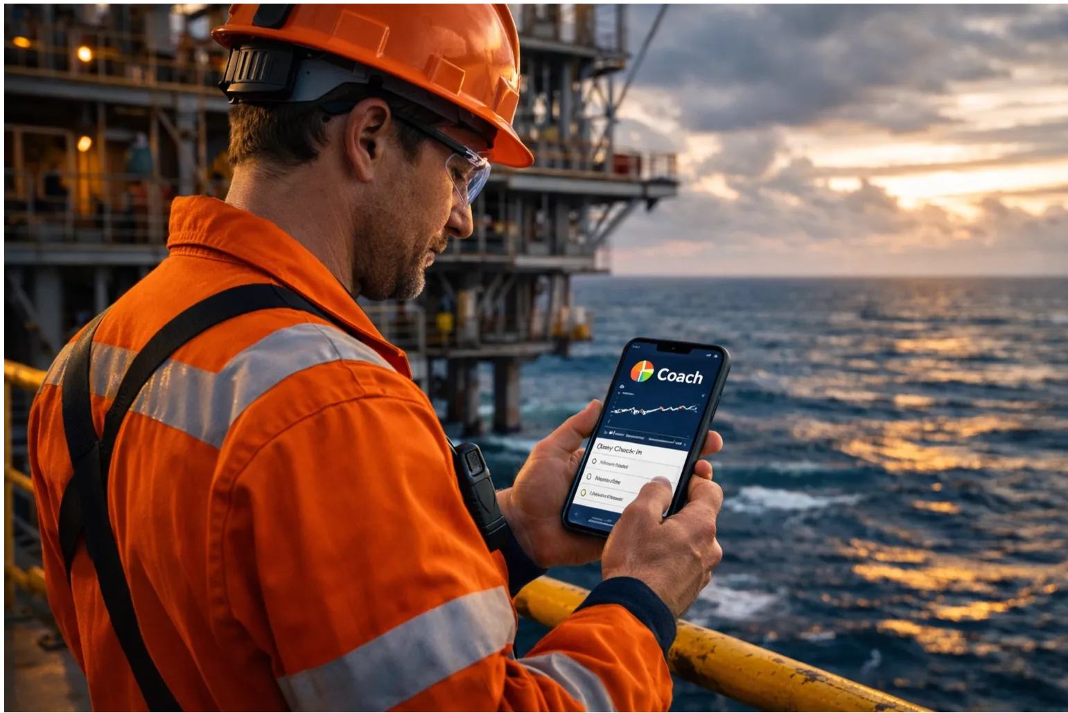 How do you build psychological safety on a drilling crew?. An offshore worker in hi-vis and hard hat checking the Coach app on a phone, rig and sea behind