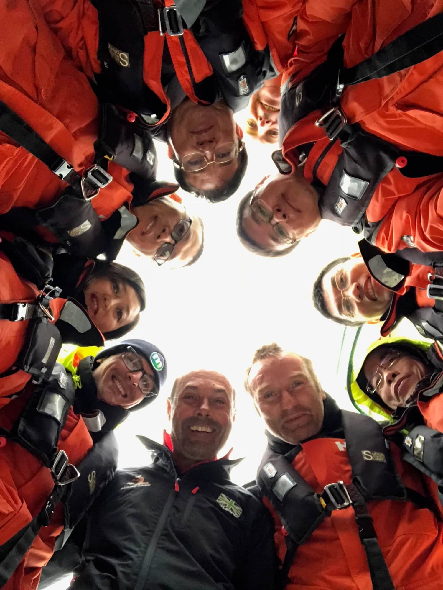 What does Gen Z really want from an employer?. A team in orange survival suits and lifejackets huddled in a circle, seen from below