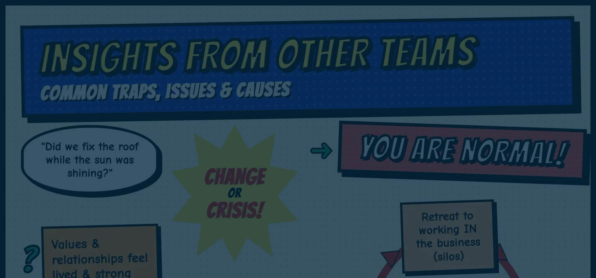 Part 1: Did you fix the roof while the sun was shining?. Comic-style banner reading Insights from other teams: common traps, issues and causes, beside the question did we fix the roof while the sun was shining, a change-or-crisis starburst, and the reassurance that you are normal
