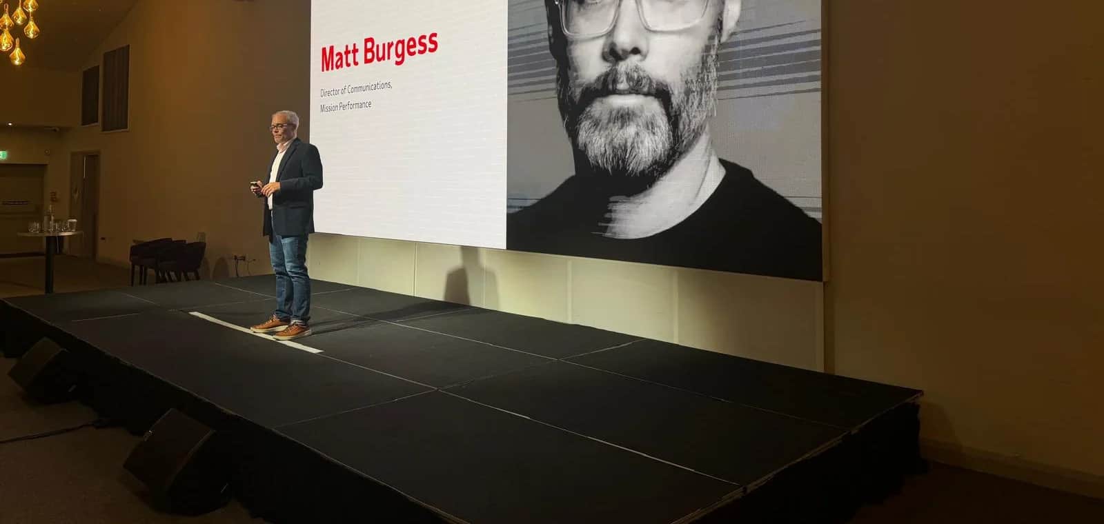 How do you turn an annual leadership conference into the start of a movement?. Matt Burgess of Mission Performance on stage at the client’s Leadership Conference.