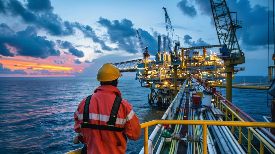 Operator records the operations of oil and gas processes at oil plants and drilling platforms Offshore oil and gas industry Operator inspects production process Daily diary as usual