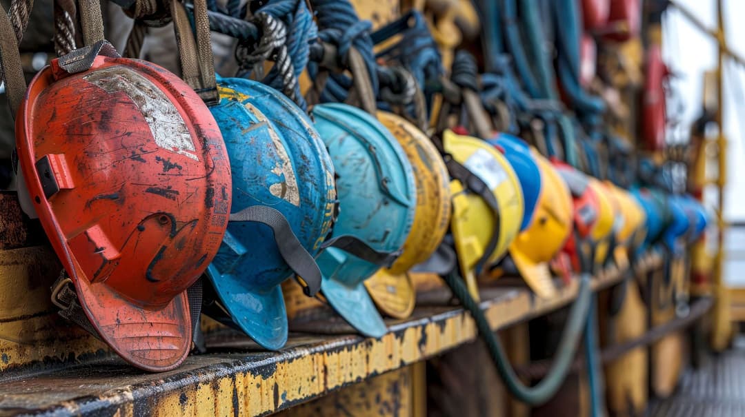 Safety gear lined up on an offshore platform, ready for the days operations, a testament to the industrys focus on worker safety
